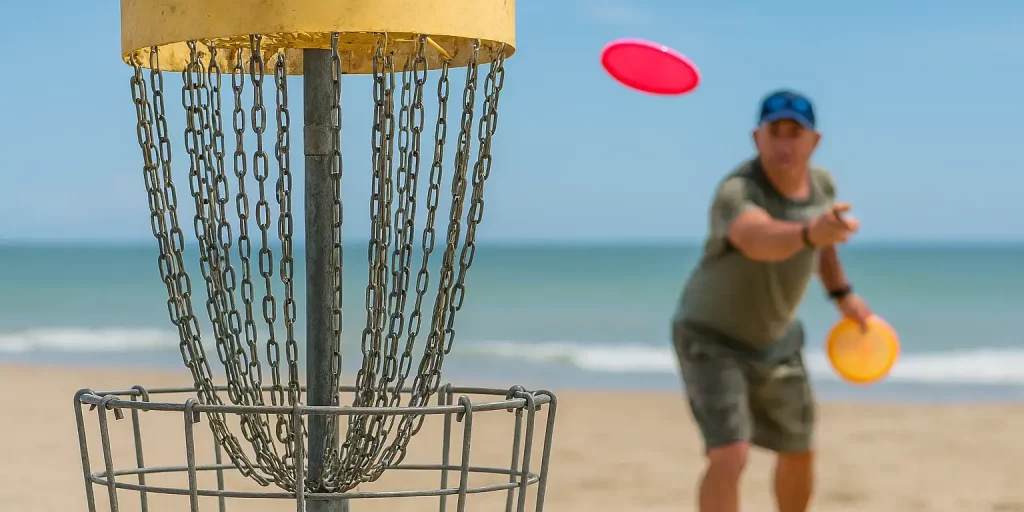 Dichtbij-opname van een metalen discgolf basket met kettingen op het strand, met op de achtergrond een man die een roze frisbee gooit.