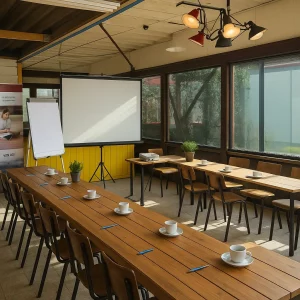 Overzicht van Outstanding strandpaviljoen in vergaderopstelling, met een whiteboard en alle benodigde materialen voor een succesvolle vergadering.